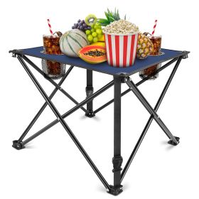 1Pc Foldable Camping Table Portable Picnic Table Lightweight Travel Desk with 2 Cup Holders Carrying Bag (Color: NavyBlue)