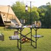 Folding Camping Kitchen Table with Lamp Post, Portable Outdoor Cooking Station with Heat Resistant Top, 4 Side Tables & Lower Storage Rack for Picnic,